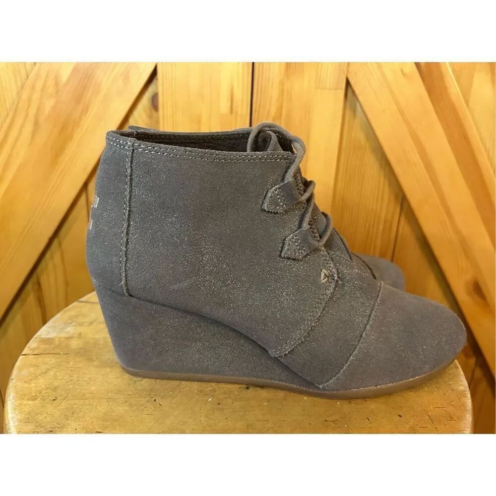 TOMS Suede Wedge Lace Up Ankle Booties Brown Gold Dust Women's Size W 9.5